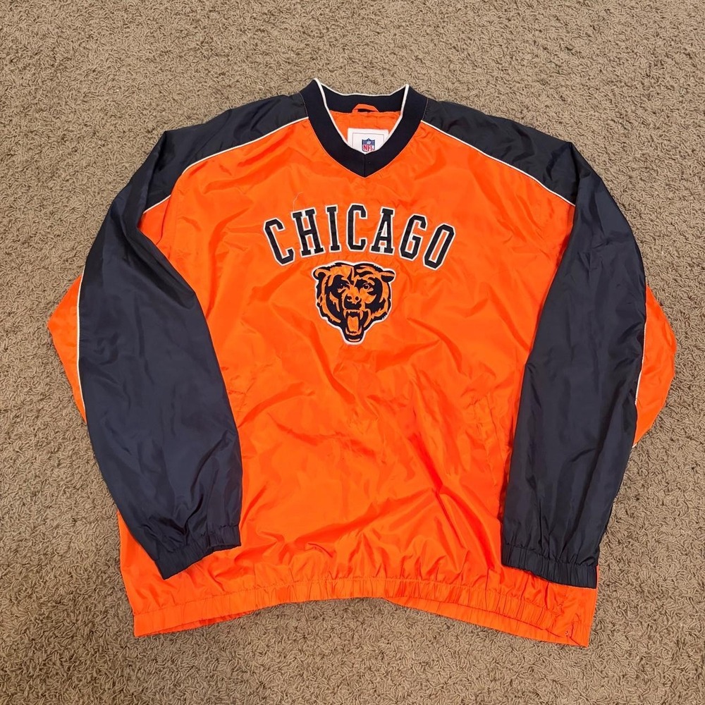 Vintage NFL Chicago Bears Pullover Windbreaker Jacket Orange Navy Blue Mens XL